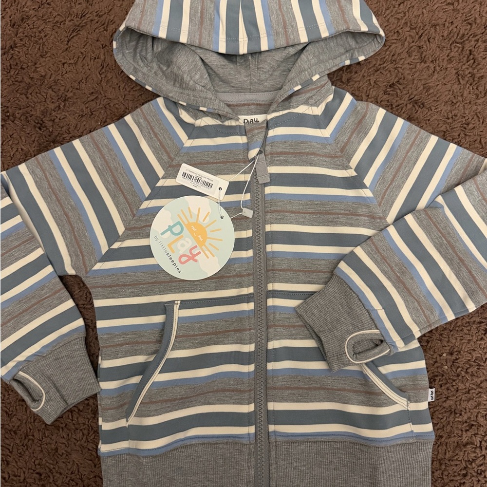 Little Sleepies Blue, Gray & White Striped Hooded Zip-Up